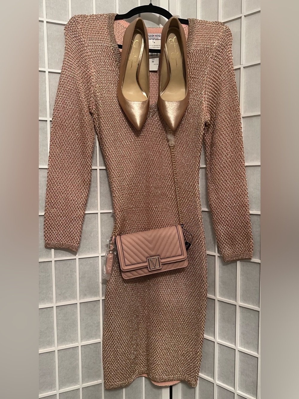 FASHION NOVA Feeling Fantastic Metallic Rose Gold Dress VS purse JS Set NWT